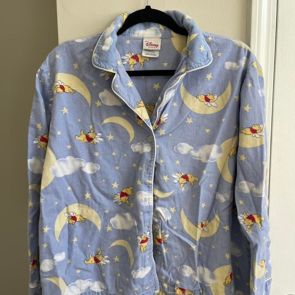 Disney Store Winnie the Pooh Angel Moon Stars Flannel Pajama Top Blue Medium